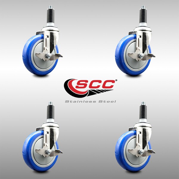 Service Caster 5 Inch 316SS Blue Poly Swivel 1 Inch Expanding Stem Caster Set Brake SCC SCC-SS316EX20S514-PPUB-BLUE-TLB-1-4 - main